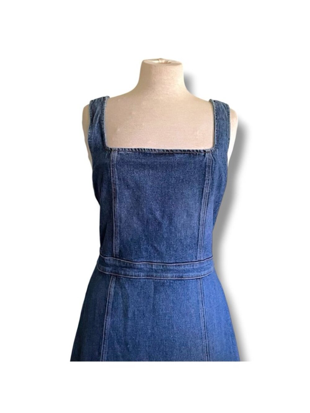 Reformation Womens Parker Denim Pinafore Dress Sz 14 Blue Square Neck Minimalist - Picture 4 of 12